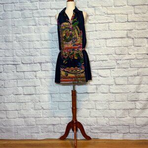 Anthropologie Leifnotes Navy Blue Silk Floral Drop Waist Shirt Dress